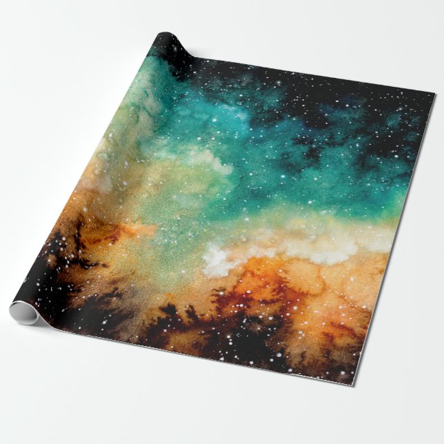Papier Cadeau Aquarelle Nebula jaune vif, étoiles et noir (Déroulé)