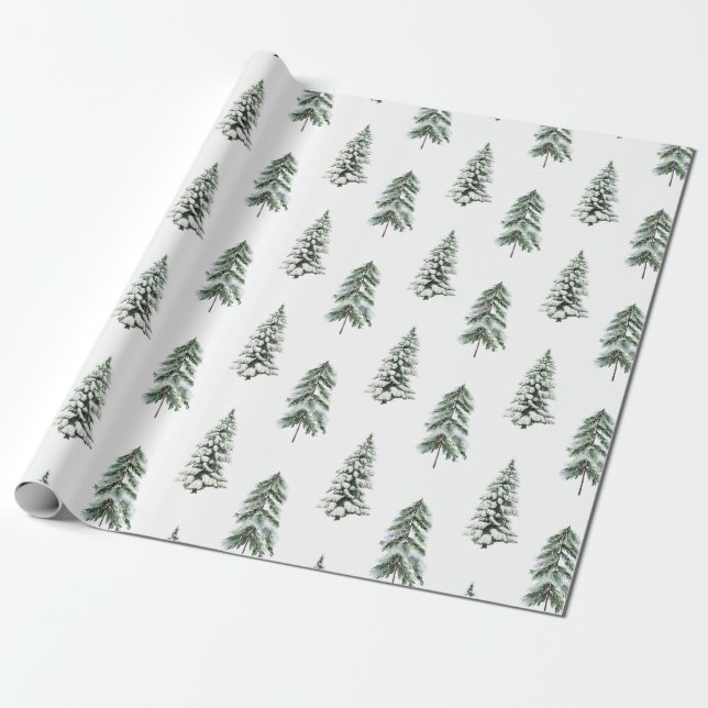 Papier Cadeau Aquarelle neige Hiver Bois arbres (Déroulé)