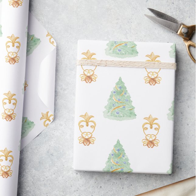 Papier Cadeau Aquarelle Noël Arbres d'or Grandmillentenaire (Créateur téléchargé)