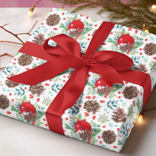 Papier Cadeau Aquarelle Noël Baubles Pine Cône Floral