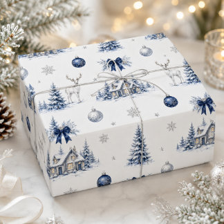 Papier Cadeau Aquarelle Noël bleu argenté hiver merveilleux