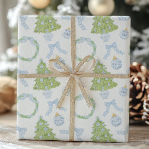 Papier Cadeau Aquarelle Noël Bleu Bow Ginger Jar Trees