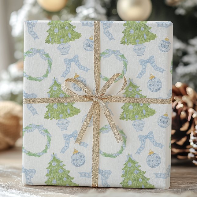 Papier Cadeau Aquarelle Noël Bleu Bow Ginger Jar Trees (Créateur téléchargé)