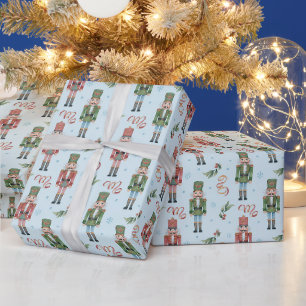 Papier Cadeau Aquarelle Noël Casse-noisettes et Flocons de neige