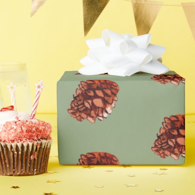 Papier Cadeau Aquarelle Noël Hiver Cônes de Forêt Verdure (Fête d'anniversaire)