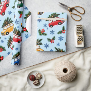 Papier cadeau aquarelle Noël rétro avec voitures e