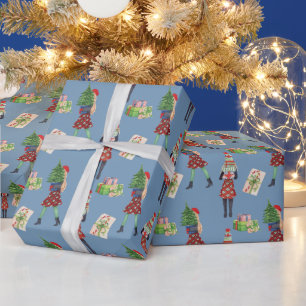 Papier Cadeau Aquarelle Noël Shopping Mode Fille