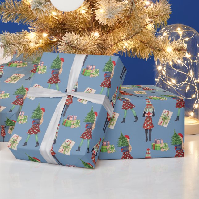 Papier Cadeau Aquarelle Noël Shopping Mode Fille (Vacances)