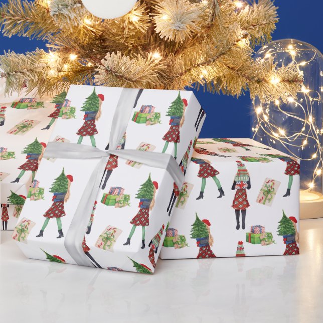Papier Cadeau Aquarelle Noël Shopping Mode Fille (Vacances)