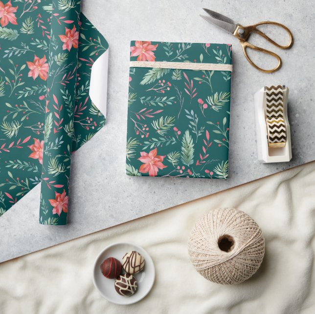 Papier Cadeau Aquarelle Noël Vert Rouge Florales Vert foncé Vert (Artisanat)