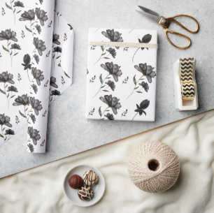 Papier Cadeau Aquarelle noire et blanche mignonne Patte florale
