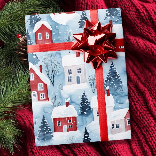Papier Cadeau Aquarelle Nordique Maisons d'hiver Neige Noël (Watercolor Nordic Winter Houses Snow Christmas Wrapping Paper)