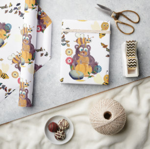 Papier Cadeau Aquarelle Nounours Mignonnes Abeilles Papillons