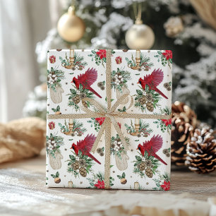 Papier Cadeau Aquarelle Oiseau rouge et verdure hivernale Noël
