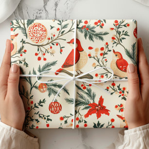 Papier Cadeau Aquarelle Oiseaux Vintage Noël