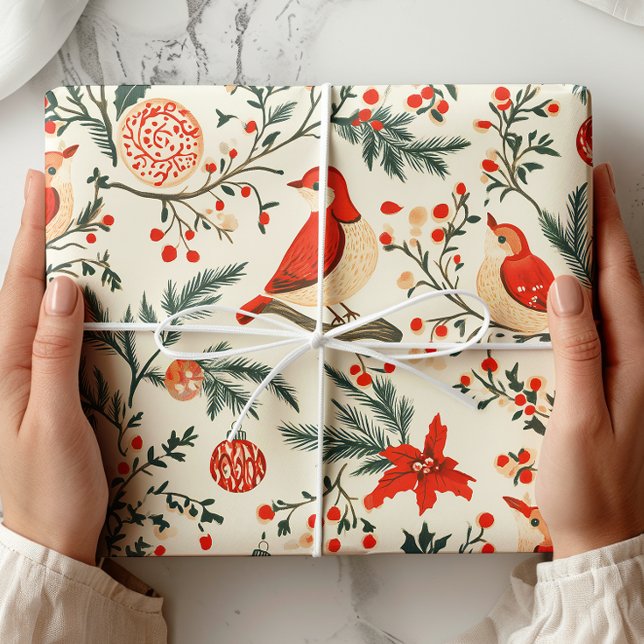 Papier Cadeau Aquarelle Oiseaux Vintage Noël (Créateur téléchargé)