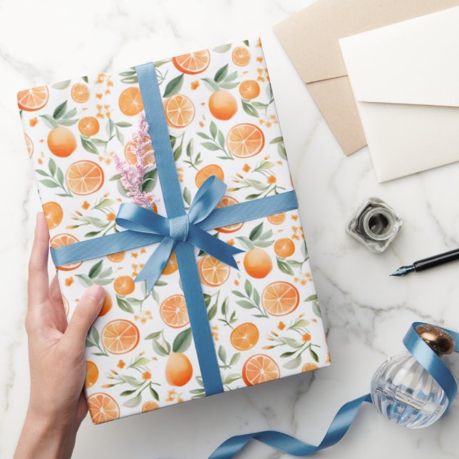 Papier Cadeau Aquarelle orange & Feuilles en blanc (Cadeaux)
