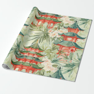 Papier Cadeau Aquarelle Pagode asiatique dans paysage verdoyant 
