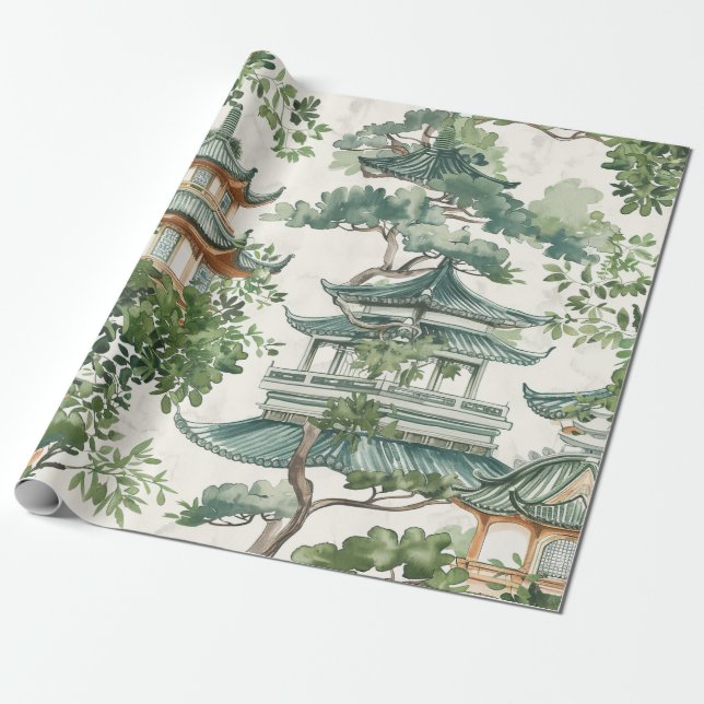 Papier Cadeau Aquarelle Pagode asiatique dans paysage verdoyant  (Déroulé)