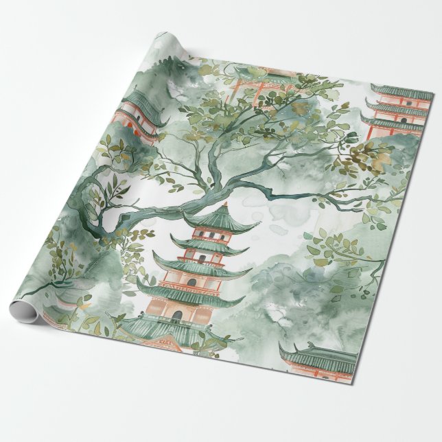 Papier Cadeau Aquarelle Pagode asiatique dans paysage verdoyant  (Déroulé)