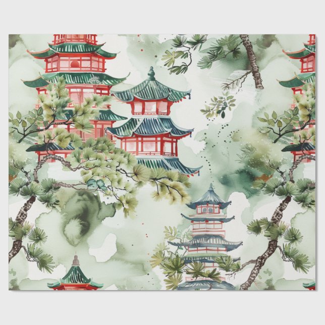 Papier Cadeau Aquarelle Pagode asiatique dans paysage verdoyant  (Plat)