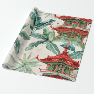 Papier Cadeau Aquarelle Pagode asiatique dans paysage verdoyant 