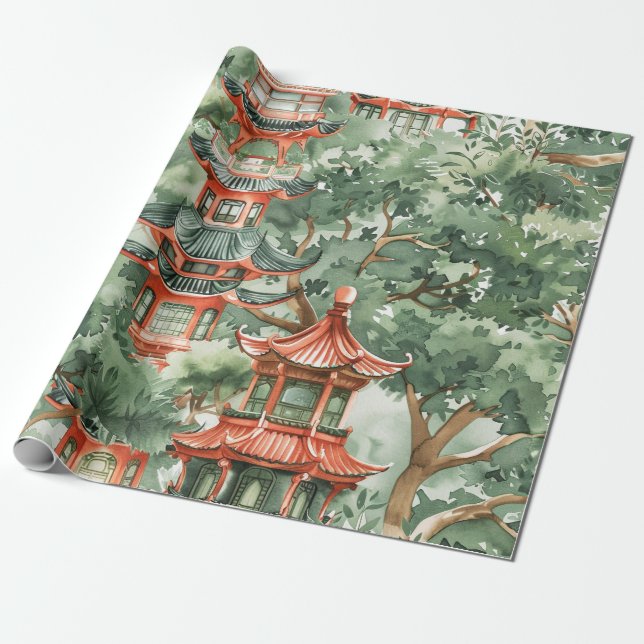 Papier Cadeau Aquarelle Pagode asiatique dans paysage verdoyant  (Déroulé)