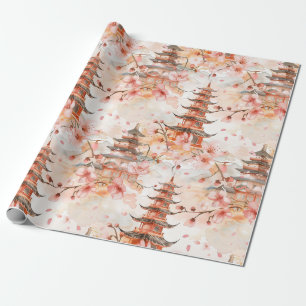 Papier Cadeau Aquarelle Pagode chinoise avec fleurs de cerisiers