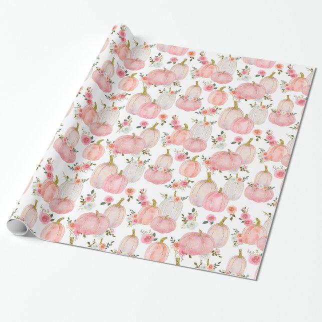 Papier Cadeau Aquarelle Pastel Citrouille rose Rose Motif (Déroulé)