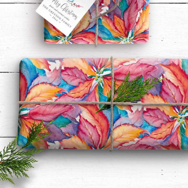 Papier Cadeau Aquarelle Peint Botanique Poinsettia Noël (Unique Christmas gift wrap features original watercolor art and design by Victoria Grigaliunas)
