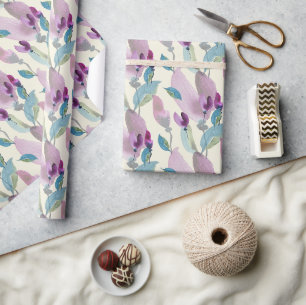 Papier Cadeau Aquarelle peinte à la main Fleurs violettes vertes