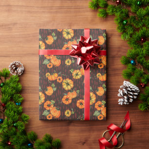 Papier Cadeau Aquarelle Peinte Citrouilles d'Automne Orange/Roug