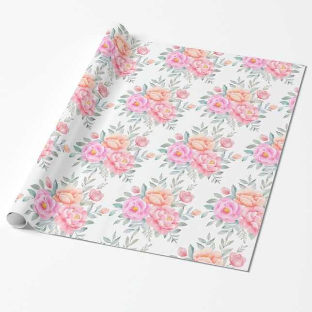 Papier Cadeau Aquarelle Peonis Rose Peach Floral Boho (Déroulé)