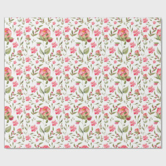 Papier Cadeau Aquarelle Peony Floral - Rose & Vert