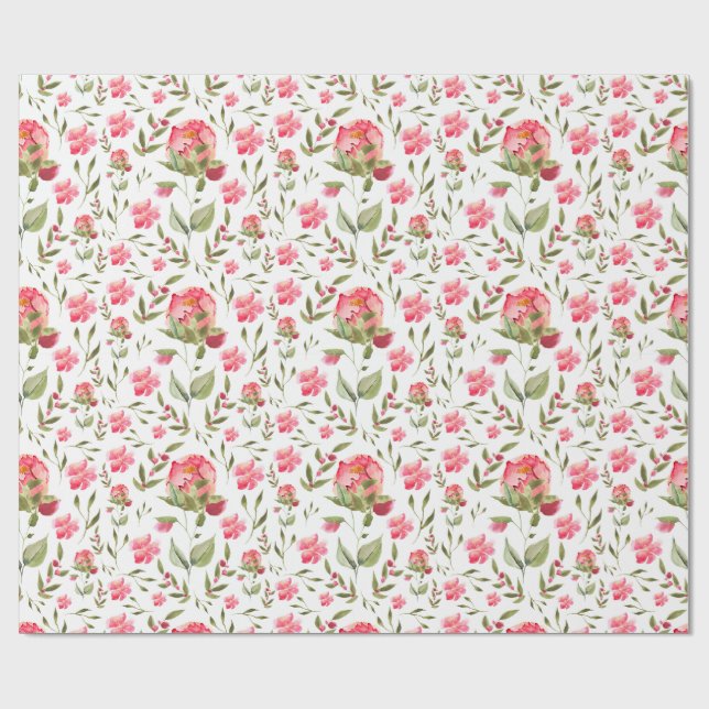 Papier Cadeau Aquarelle Peony Floral - Rose & Vert (Plat)