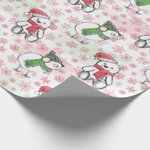 Papier Cadeau Aquarelle père Noël ours en peluche et oiseaux Noë