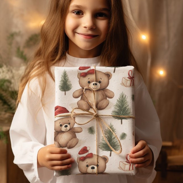 Papier Cadeau Aquarelle Père Noël Teddy Ours et pins Noël (Créateur téléchargé)