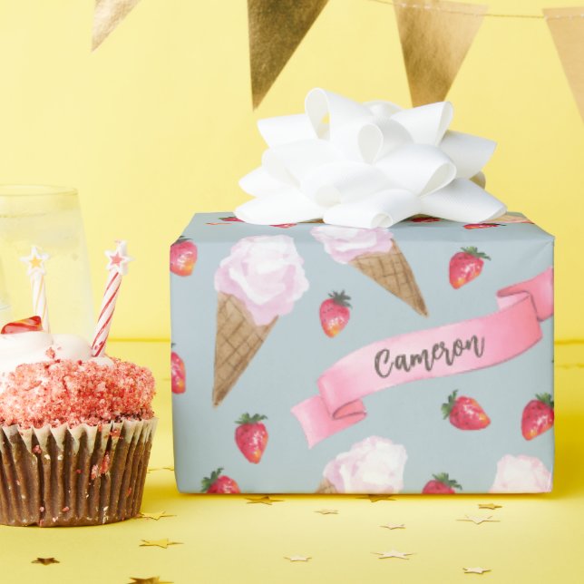 Papier Cadeau Aquarelle personnalisée cône de crème glacée frais (Fête d'anniversaire)