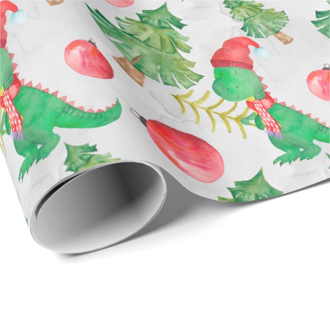 Papier Cadeau Aquarelle Petit Dinosaur habillé pour Noël (Coin rond)