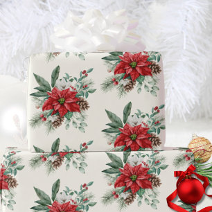 Papier Cadeau Aquarelle Pines Vintage Rouge Poinsettie Noël