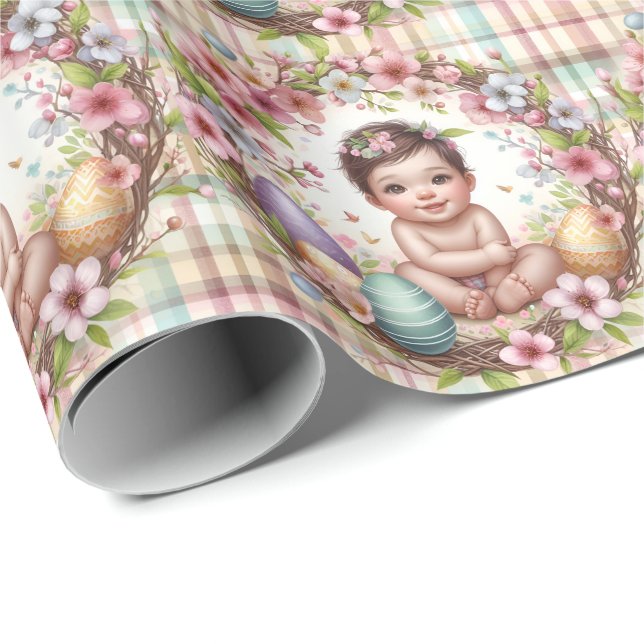 Papier Cadeau Aquarelle Plaid Floral Baby First Pâques (Coin rond)