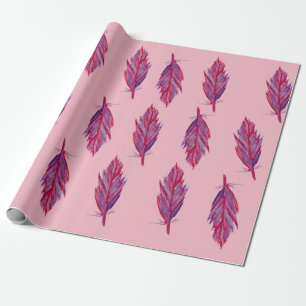 Papier cadeau aquarelle plumes Rouge Rose