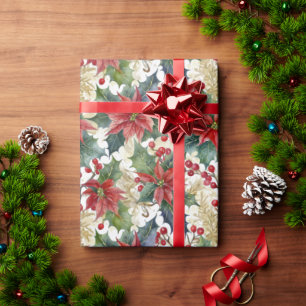 Papier Cadeau Aquarelle poinsettia et saint motif Noël