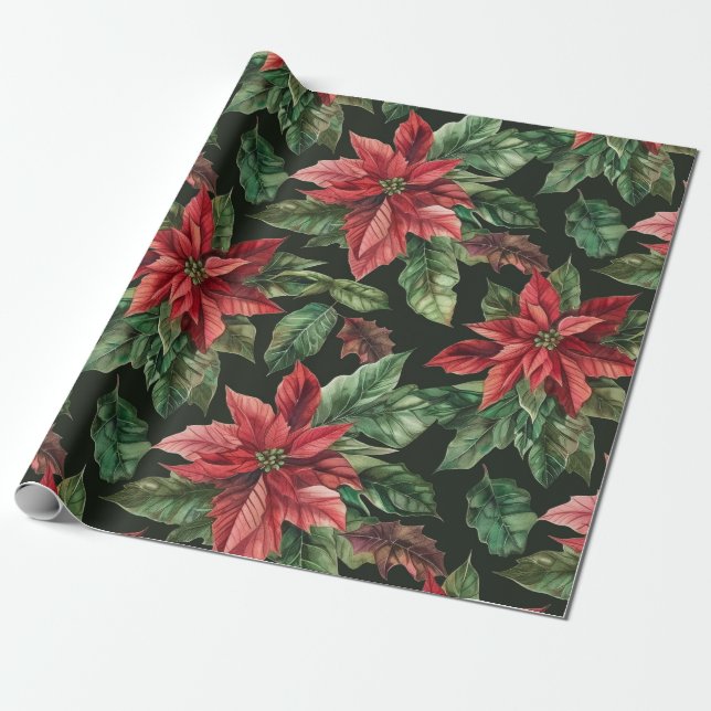 Papier Cadeau aquarelle Poinsettia fleur Motif de Noël (Déroulé)