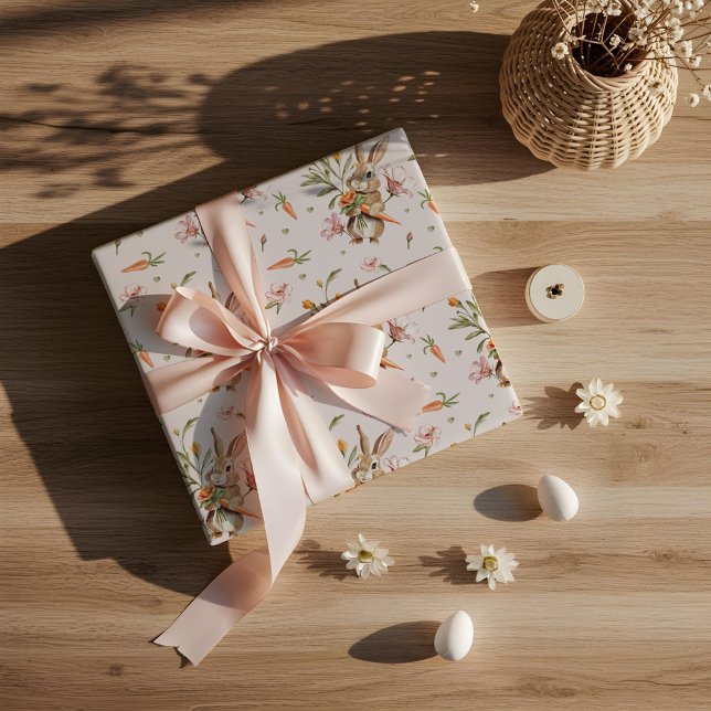Papier Cadeau Aquarelle Rabbit de Pâques, Carottes & Design Flor (Watercolor Easter Rabbit, Carrots & Floral Design Wrapping Paper)
