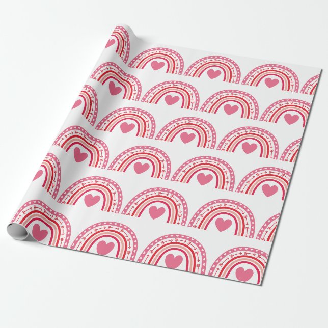 Papier Cadeau Aquarelle Rainbow Hearts rose (Déroulé)