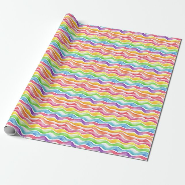 Papier Cadeau Aquarelle Rainbow Wavy Lines sur blanc (Déroulé)