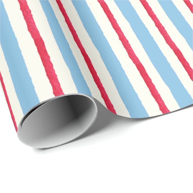 Papier Cadeau Aquarelle Rayures Rouge Blanc & Bleu (Coin rond)