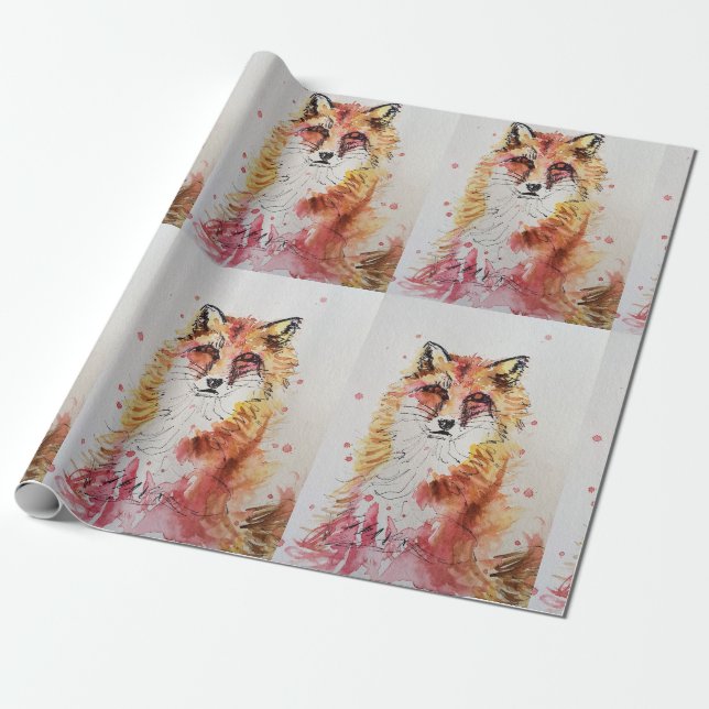 Papier Cadeau Aquarelle Red Fox jolie Bois d'art animal (Déroulé)