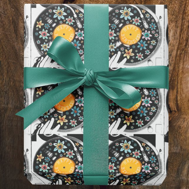 Papier Cadeau Aquarelle rétro Floral Anniversaire Vinyl Record (Créateur téléchargé)